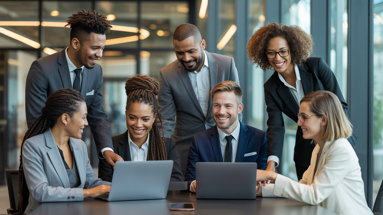 Professional team discussing AI strategy